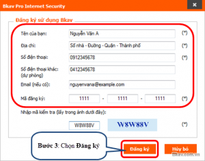 Điền thông tin cá nhân và mã thẻ diệt virus bkav